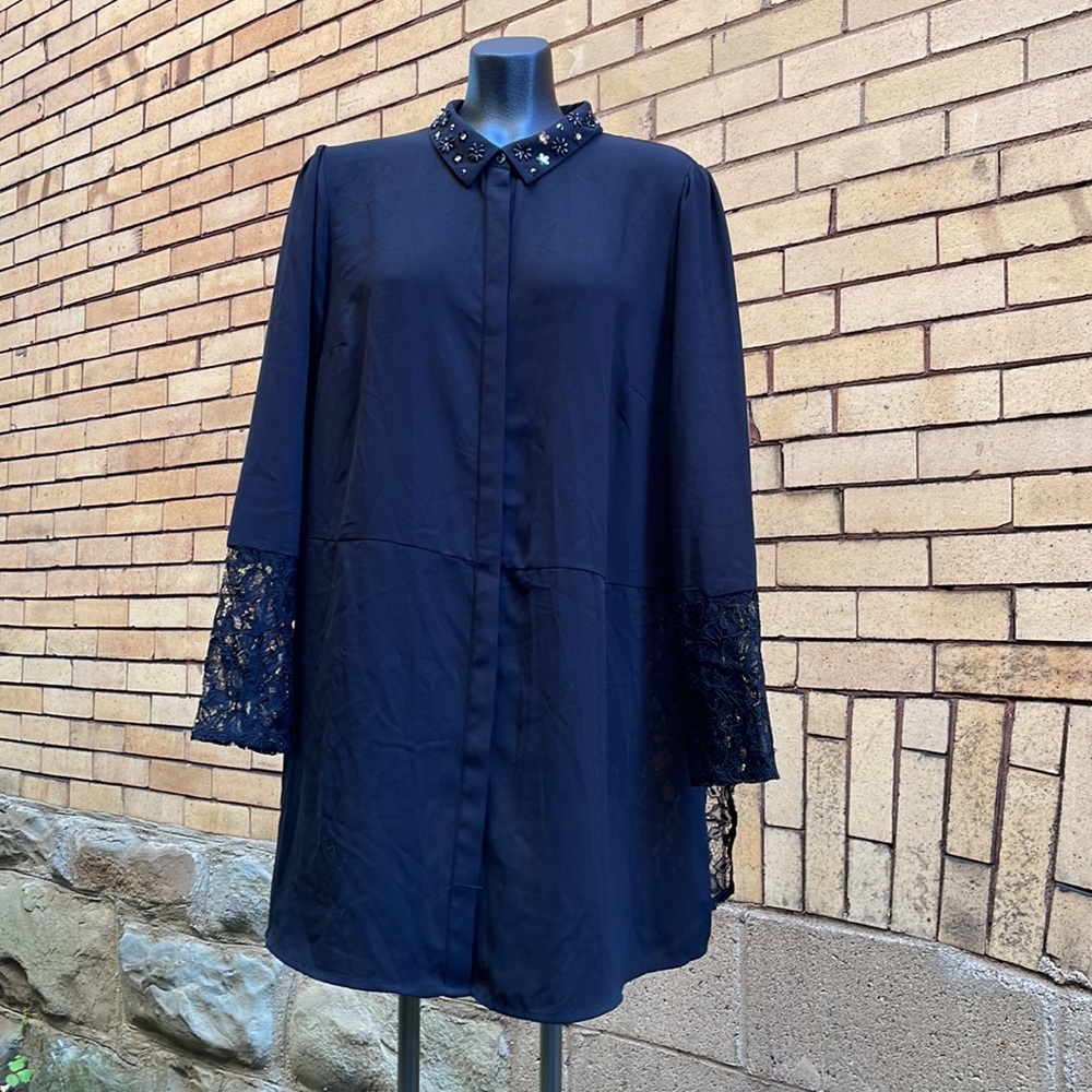 ELLE Black beaded Lace Button Up lace Tunic Blouse Size Extra Large